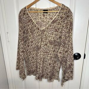 Y2K JKLA Creme Brown Floral Paisley Print Bell Sleeve Long Sleeve Blouse 1X Boho